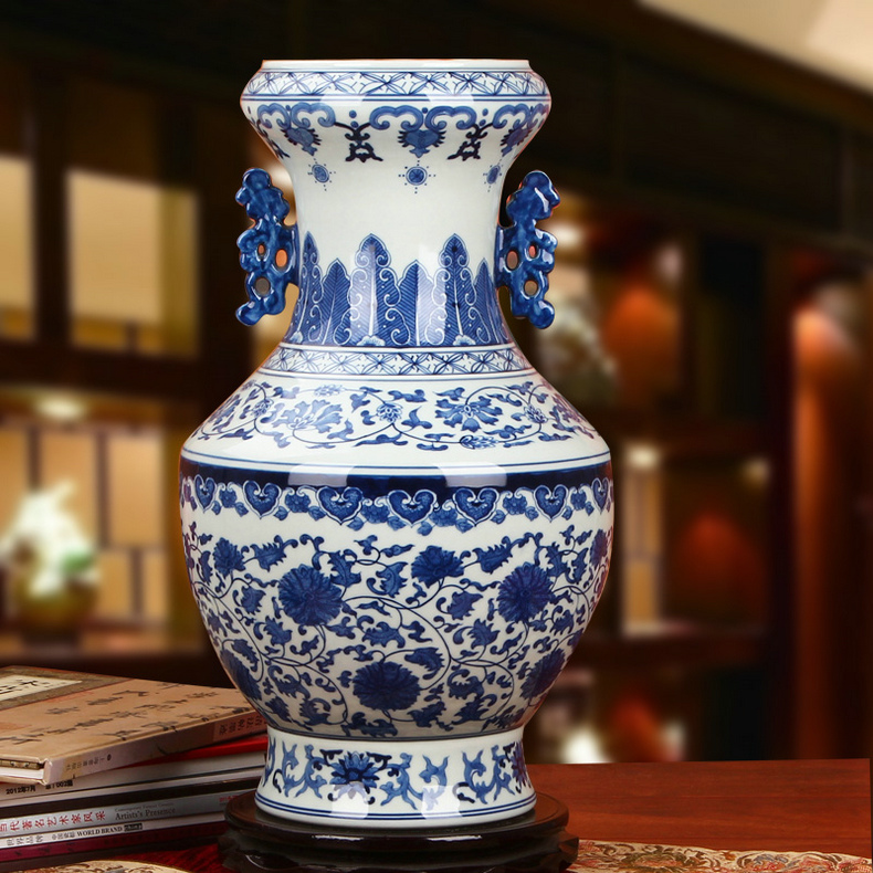 Jingdezhen ceramics hand - made flowers blue tie up branches ears admiralty big vase classical Chinese style household furnishing articles