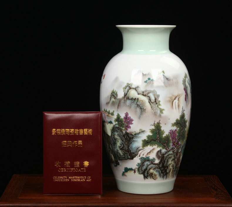 Jingdezhen ceramics Zhu Wu classic adornment pastel landscape vase sitting room home furnishing articles handicraft collection
