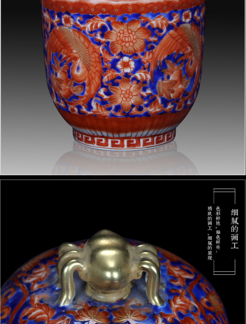 Jingdezhen ceramics red colored enamel spiders jinding phoenix and tank storage tank Chinese crafts collection