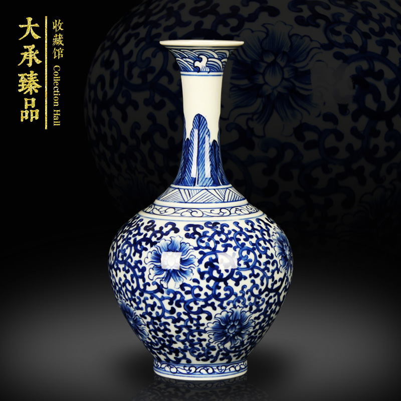 Hand - made trumpet bound branch lotus flower vase of blue and white porcelain of jingdezhen ceramics decoration handicraft collection furnishing articles