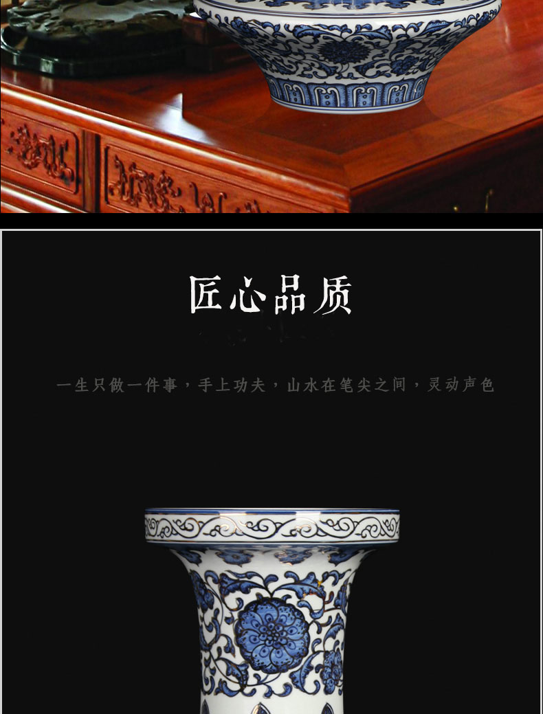 Jingdezhen ceramics antique blue - and - white hand - made paint around branches flat belly vase mesa of modern Chinese crafts