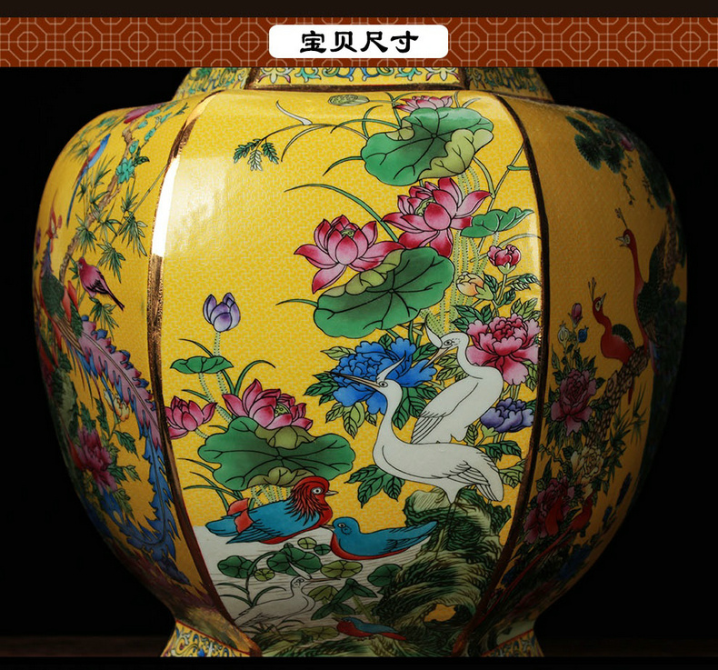 Jingdezhen ceramics enamel vase of flowers and birds painting gold phoenix six sides vase classical collection of home decoration