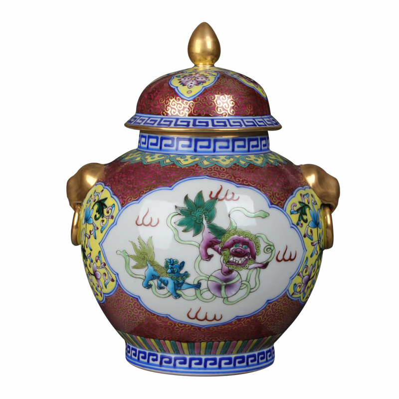 Jingdezhen hand - made gold enamel and open the world lion lion ear small tea pot storage tank furnishing articles of handicraft