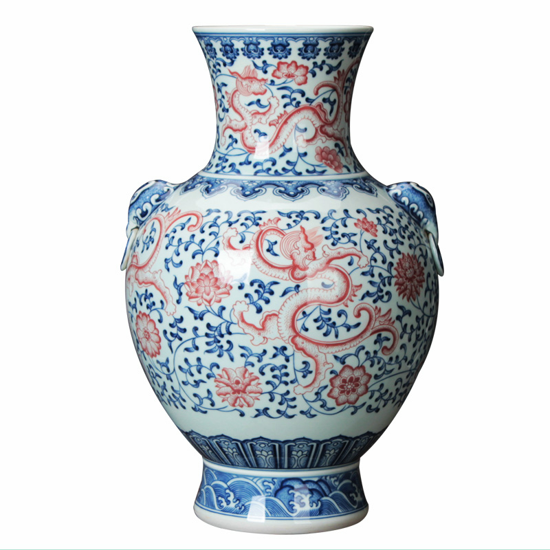 Jingdezhen blue and white youligong ceramics vase high - grade hand - made porcelain double elephant ear shell dragon vase lion