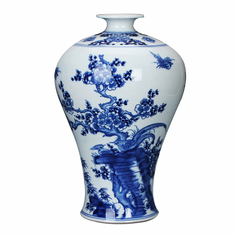 Jingdezhen ceramics vase hand - made mesa small sitting room beaming painting of flowers and blue and white name plum bottle study furnishing articles