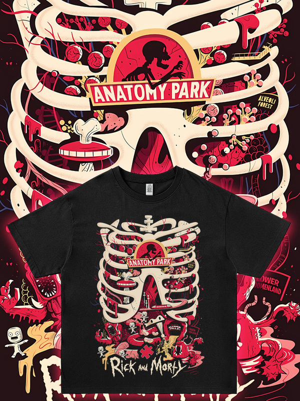 Anatomy Park Short-Sleeve T-Shirt for Men, Rick and Morty Collaboration, European and American Trendy Brand, Loose Half-Sleeve