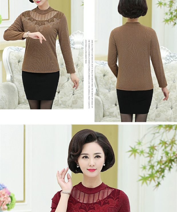 Cổ áo của phụ nữ trung niên và cao tuổi bên trong cộng với áo sơ mi nhung dày của mẹ trung niên mùa thu và mùa đông mặc quần áo ren ấm áp mùa thu mẫu đầm nhung tuổi trung niên