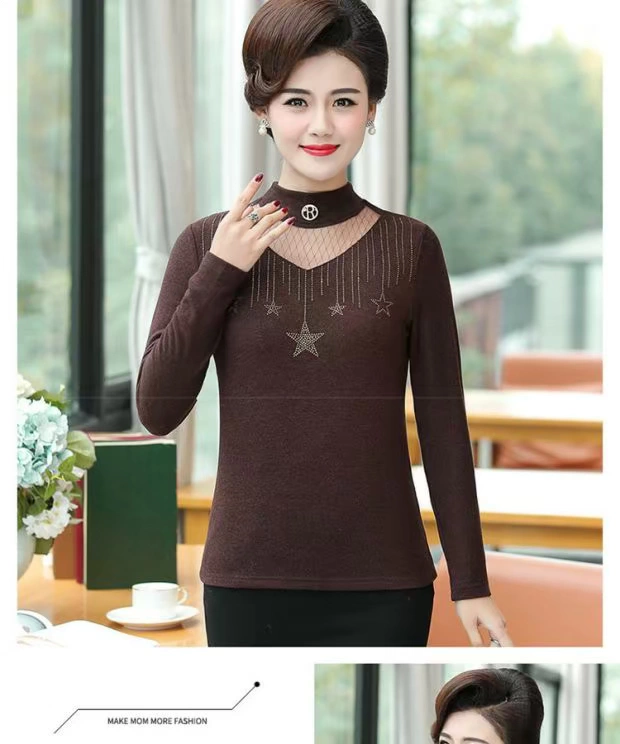 Phụ nữ trung niên mùa thu và mùa đông dài tay ren dày Mẹ trung niên tải kích thước lớn ấm áp cộng với áo sơ mi nhung đáy thời trang tuổi trung niên cao cấp