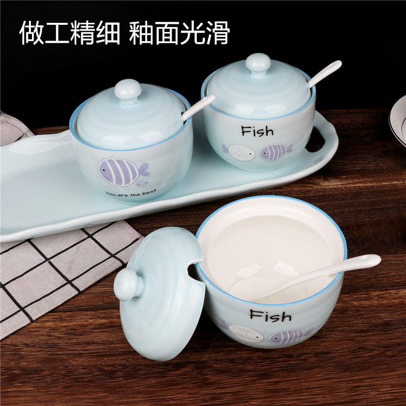 Happy home thread flavor pot three - piece sauce seasoning cylinder color ceramic pot seasoning box with a spoon with tray