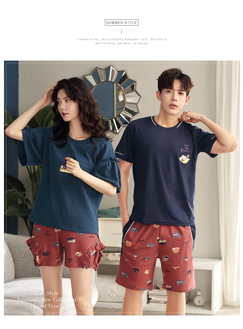 Bộ đôi đồ ngủ đôi Ting nữ mùa hè cotton ngắn tay dịch vụ nhà nam cotton giản dị phần mỏng dịch vụ nhà phù hợp - Bên ngoài ăn mặc pijama nam