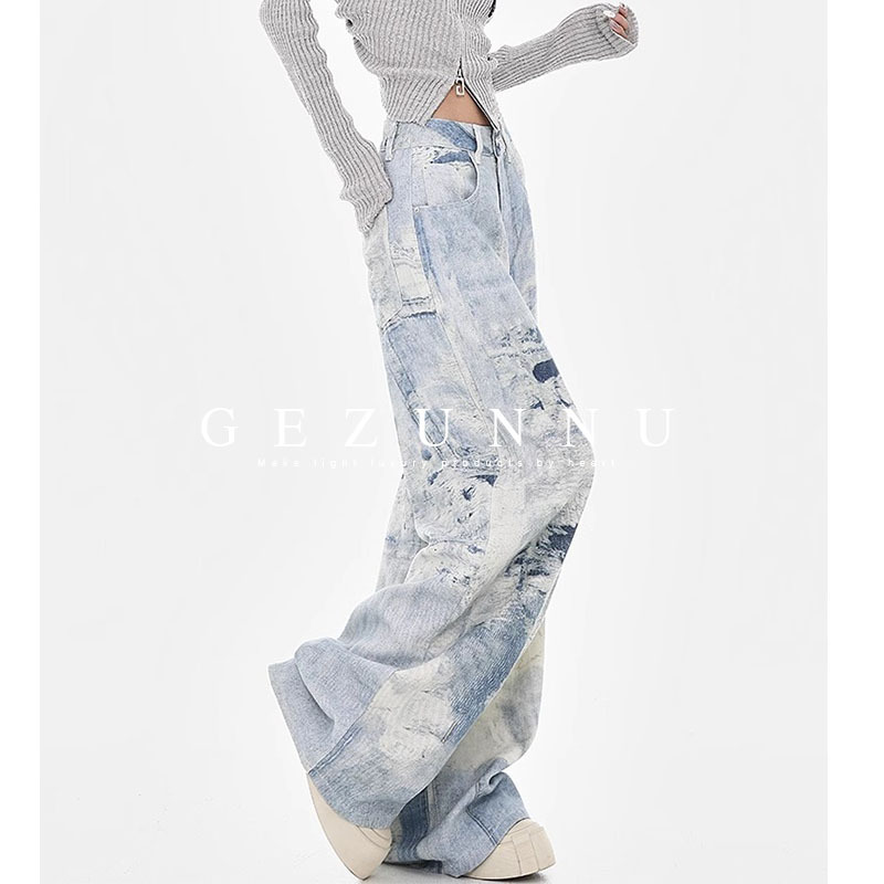Gezunnu Spring and Summer New Style American High Street Washed Tie-Dye Design High-Waisted Wide-Leg Versatile Jeans for Women Gezunnu Spring and Summer New Style American High Street Washed Tie-Dye Design High-Waisted Wide-Leg Versatile Jeans for Women