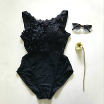 Three-dimensional petal embroidery shoulder conjoined body thin black hot spring resort swimsuit