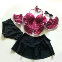 Swan girl purple red plaid with sleeves skirt three sets of steel support insert holiday bikini slim body cover
