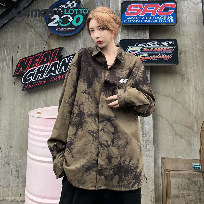 404MOB Guochao Spring and Summer Tie Dye Plant Printed Long Sleeve Shirt for Men and Women High Street Tide Flour Loose Couple Shirt