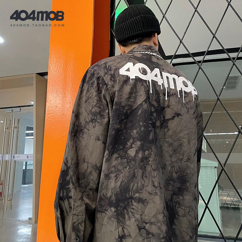 404MOB Guochao Spring and Summer Tie Dye Plant Printed Long Sleeve Shirt for Men and Women High Street Tide Flour Loose Couple Shirt