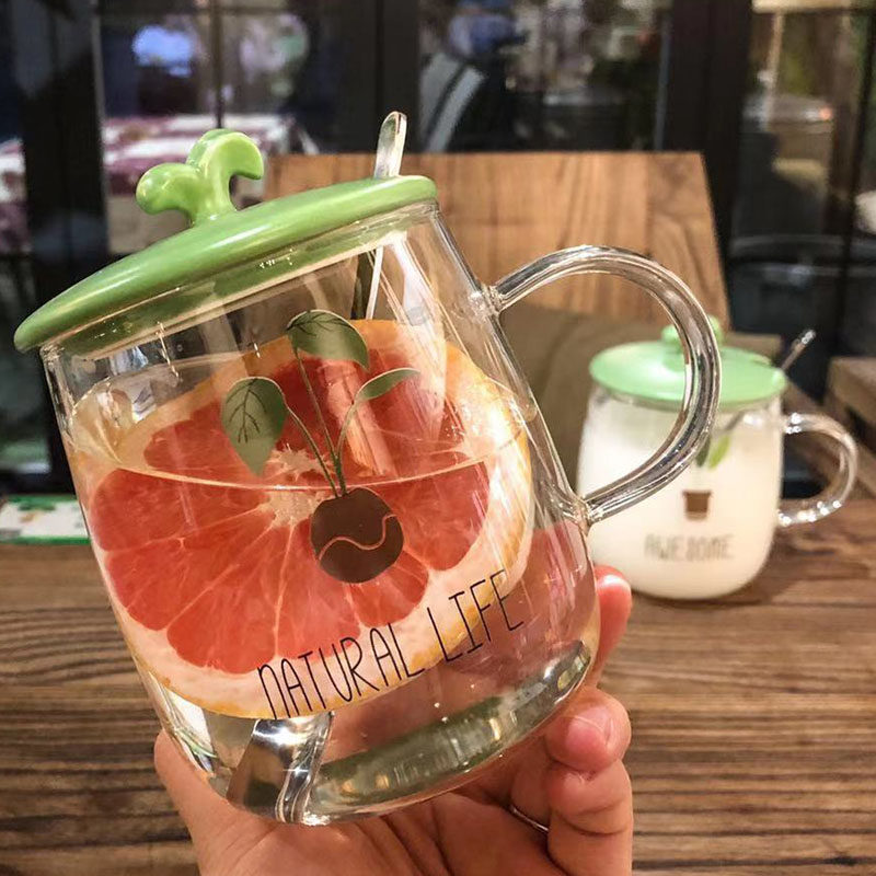 Heat Resistant Glass Cup Small Freshener Art Water Cup Student Milk Breakfast Cup With Lid Spoon Portable Strap Take Tea Cup