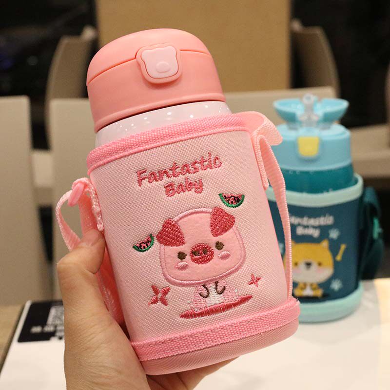 Children's double - cover 304 stainless steel vacuum insulation cup with a straw cup pupil portable leakage proof and cute water cup