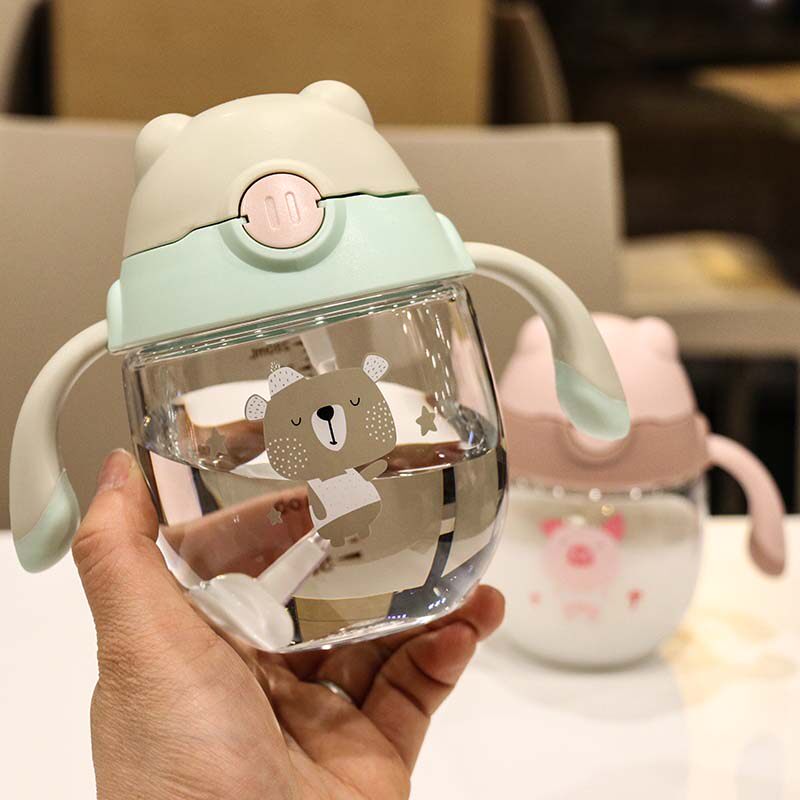 Handle strap dual-use plastic water cup Baby portable childrens cute straw cup Choke proof student kettle Bubble milk cup