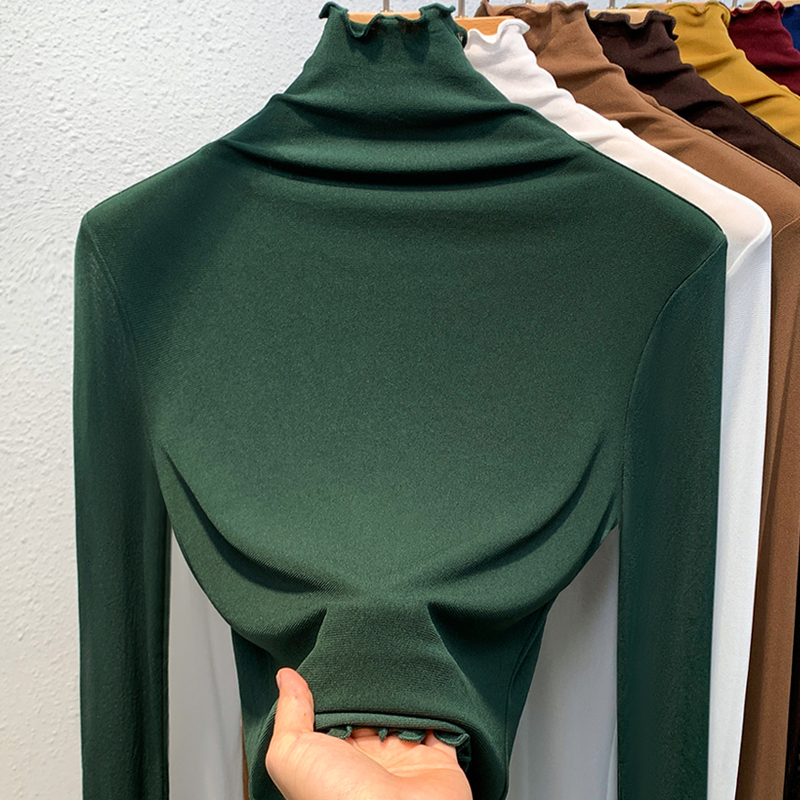 High-Necked Mesh Base Shirt for Women, 2026 New Spring and Autumn Style, Dark Green Slim-Fit Long-Sleeve Top