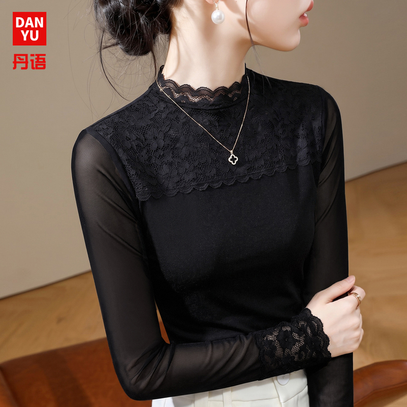 Black Mesh Base Shirt for Women, Autumn 2026 New Style, Lace Trim Collar, Slim Fit, Thin, High-End Feel Top Black Mesh Base Shirt for Women, Autumn 2026 New Style, Lace Trim Collar, Slim Fit, Thin, High-End Feel Top
