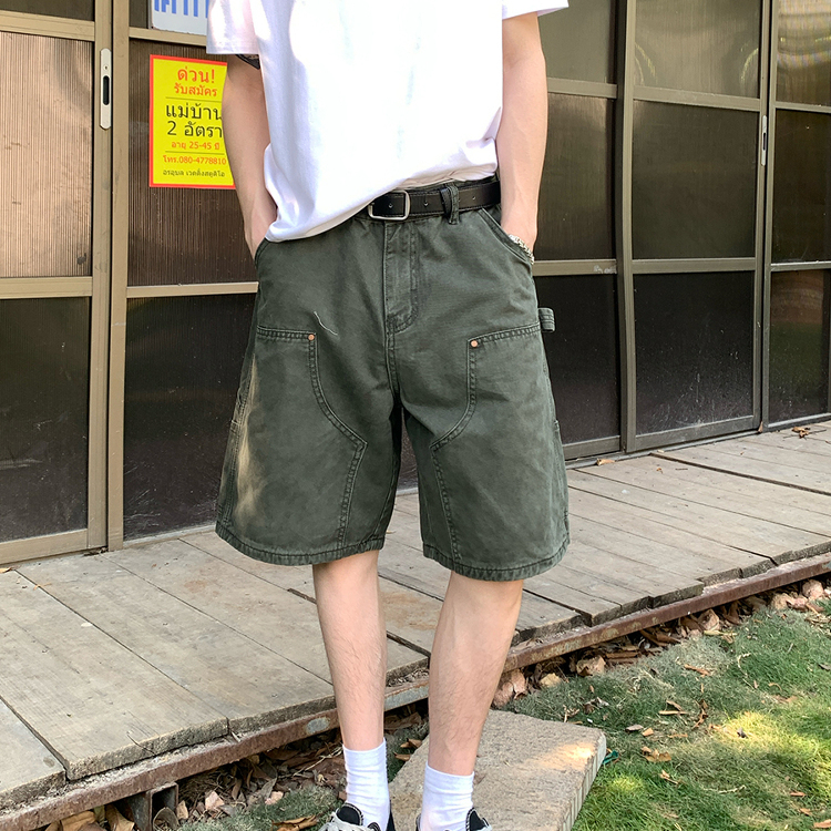 American-Style Washed Vintage Multi-Pocket Army Green Cargo Shorts for Men and Women, Summer Loose Wide-Leg Casual Knee-Length Shorts