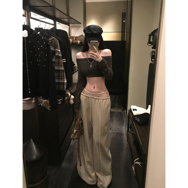 Mo Xinxin American-Style Spicy Girl Wide-Leg Pants for Women, Autumn Design, Loose Fit, Slimming Straight-Leg Sweatpants, Knitted Casual Pants Mo Xinxin American-Style Spicy Girl Wide-Leg Pants for Women, Autumn Design, Loose Fit, Slimming Straight-Leg Sweatpants, Knitted Casual Pants