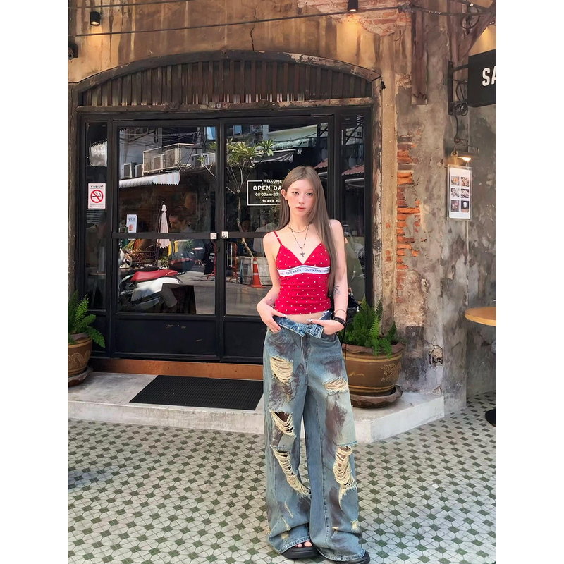 Mo Xinxin American-Style Ripped Floor-Length Jeans for Women, High-Street Design, Retro Loose and Lazy Wide-Leg Pants Mo Xinxin American-Style Ripped Floor-Length Jeans for Women, High-Street Design, Retro Loose and Lazy Wide-Leg Pants