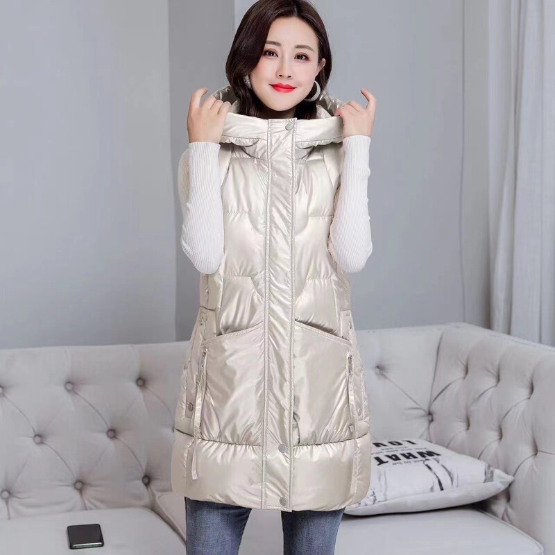 Clearance Sale: Autumn and Winter Glossy Women's down Cotton Vest, Mid-Length, Hooded, Slim Fit, Warm Waistcoat Clearance Sale: Autumn and Winter Glossy Women's down Cotton Vest, Mid-Length, Hooded, Slim Fit, Warm Waistcoat