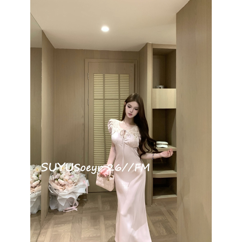 Soeyr Love Story Cinnamon Pink Puff Sleeve Dress for Women, Summer Bodycon Slimming Fishtail Long Dress Soeyr Love Story Cinnamon Pink Puff Sleeve Dress for Women, Summer Bodycon Slimming Fishtail Long Dress