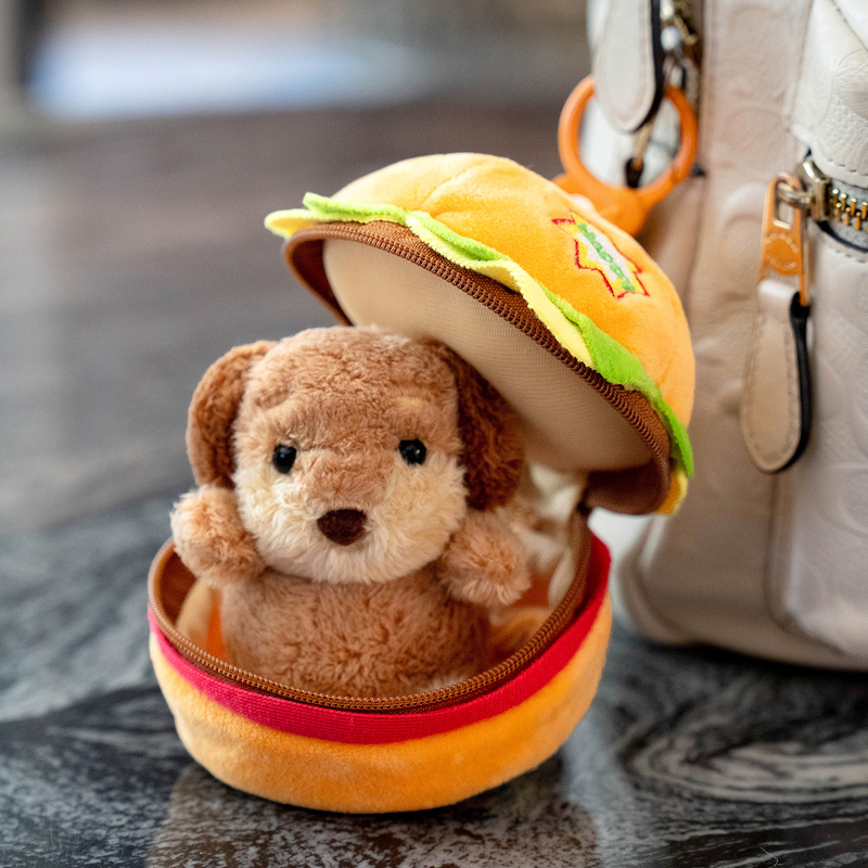 Cute Puppy Keychain Hidden in a Hamburger, Hamburger Puppy Plush Toy, Backpack Pendant Chain