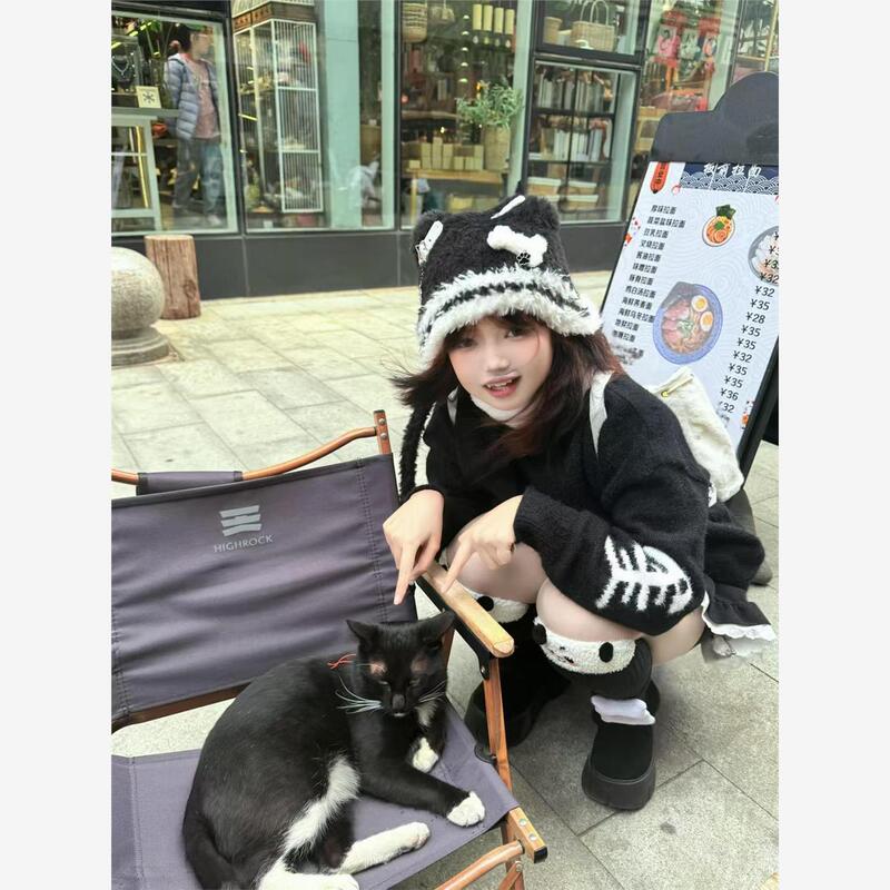 Y2K Sweet and Cute Ghost Cat Imitation Mink Fur Knitted Soft Round Neck Long-Sleeved Sweater Subculture Warm Top