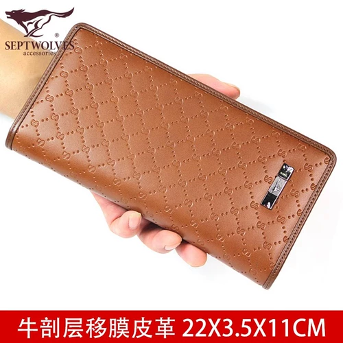 Septwolves, кожаный длинный бумажник с молнией, мужская маленькая сумка клатч, универсальный кошелек, воловья кожа, бизнес-версия