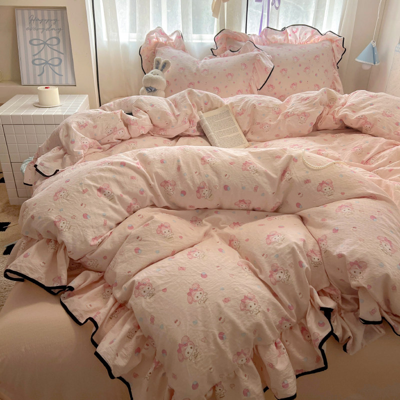 Super Soft Washed Cotton Four-Piece Set, Non-Pure Cotton, All-Cotton, Girly Double-Layer Gauze Lace Duvet Cover, Dormitory Bed Sheet Three-Piece Set