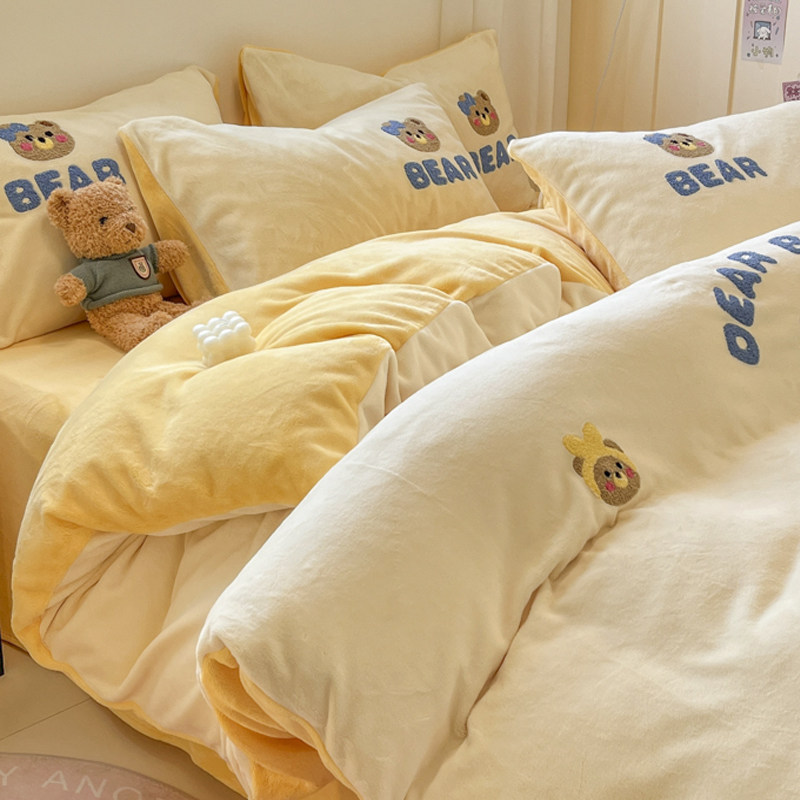 Little Bear Party Milk Velvet Four-Piece Set Coral Fleece Winter Children's Cartoon Flannel Duvet Cover Baby Fleece Bed Sheet Three