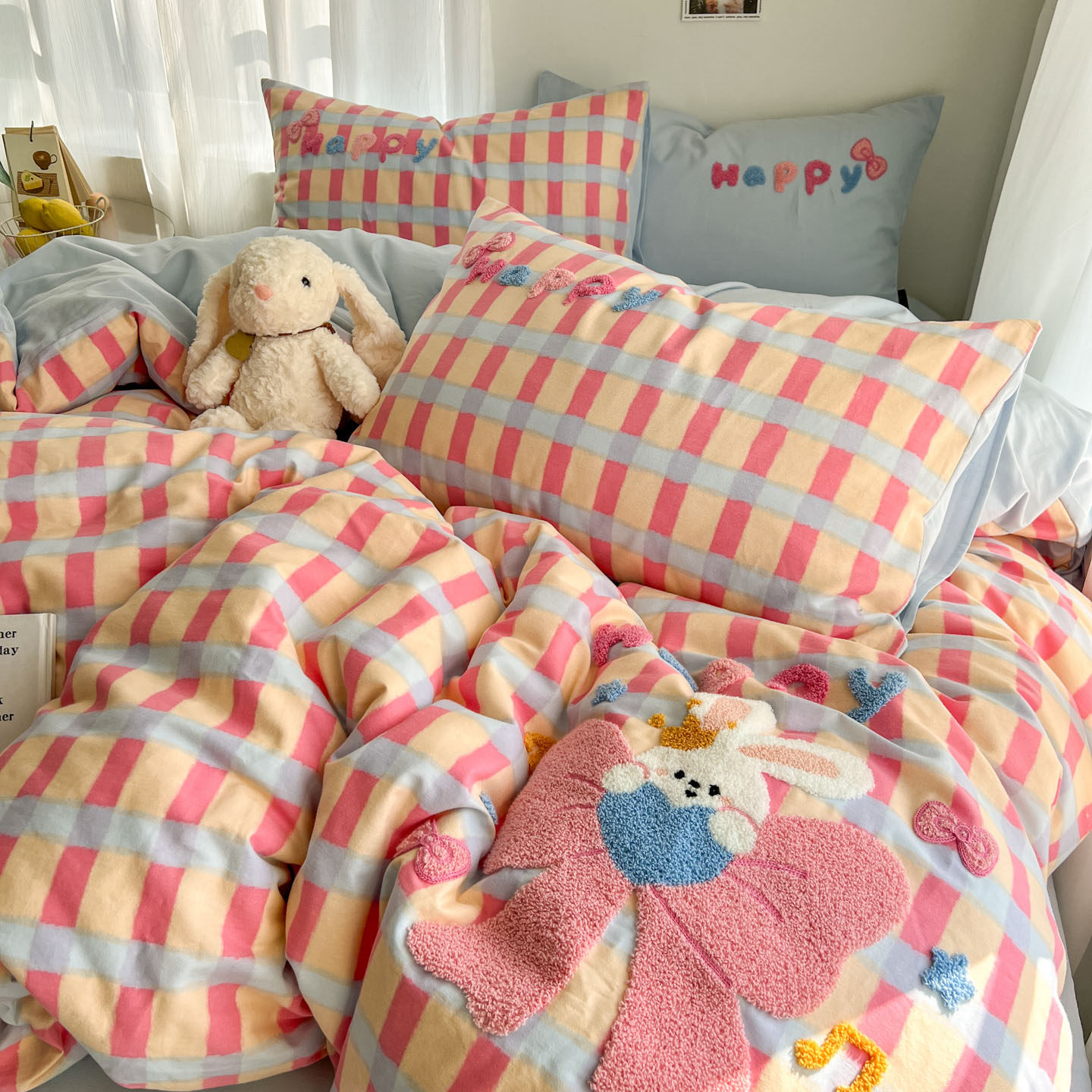 Thickened Brushed Cotton Four-Piece Set, Pure Cotton Towel Embroidered Cartoon Children's Duvet Cover, Bed Sheet Three-Piece Set, Bedding