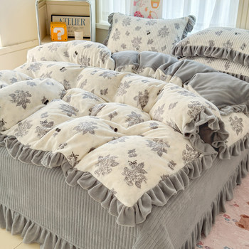 French-Style Bed Cover Four-Piece Set, Milk Velvet 2025 New Winter Coral Fleece Duvet Cover, Thickened Quilted Bed Sheet