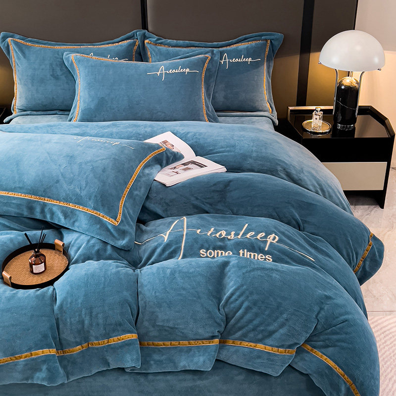 Winter Fleece Quilt Cover Four-Piece Set, Winter Milk Velvet Quilt Cover, Flannel Bed Sheet, Crystal Coral Velvet Bedding