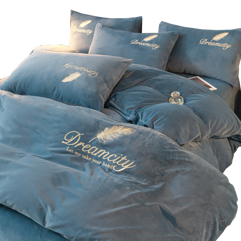 Thickened Milk Velvet Four-Piece Bedding Set, Coral Velvet Winter Bedding, Flannel Duvet Cover, Double-Sided Fleece Bed Sheet and Duvet Cover