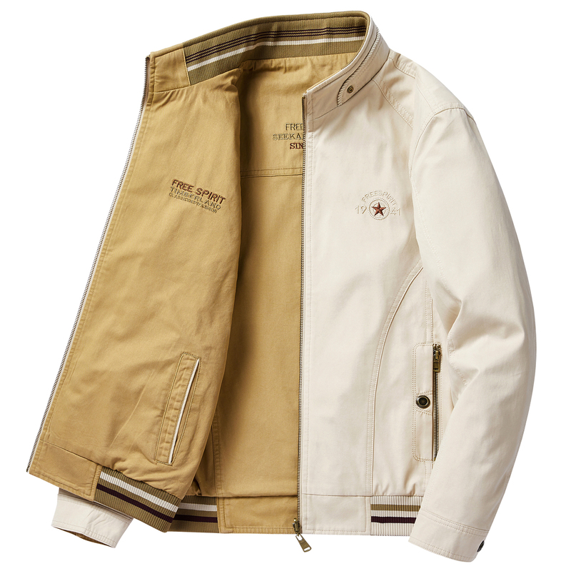 Reversible Jacket for Men, Spring and Autumn, Pure Cotton, Middle-Aged Men's Stand-Up Collar Top, Loose Fit, Large Size, Dad Style Casual Outerwear