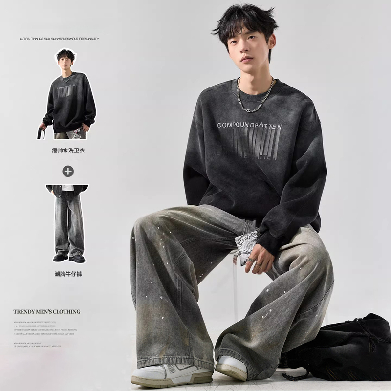Korean Uamtor Men's Cool and Stylish Outfit, New Spring Collection, Washed Casual Sweatshirt, Trendy Brand, Cool and Stylish Jeans Set