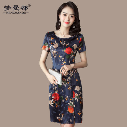 杭州真丝连衣裙女2018新款气质修身中老年妈