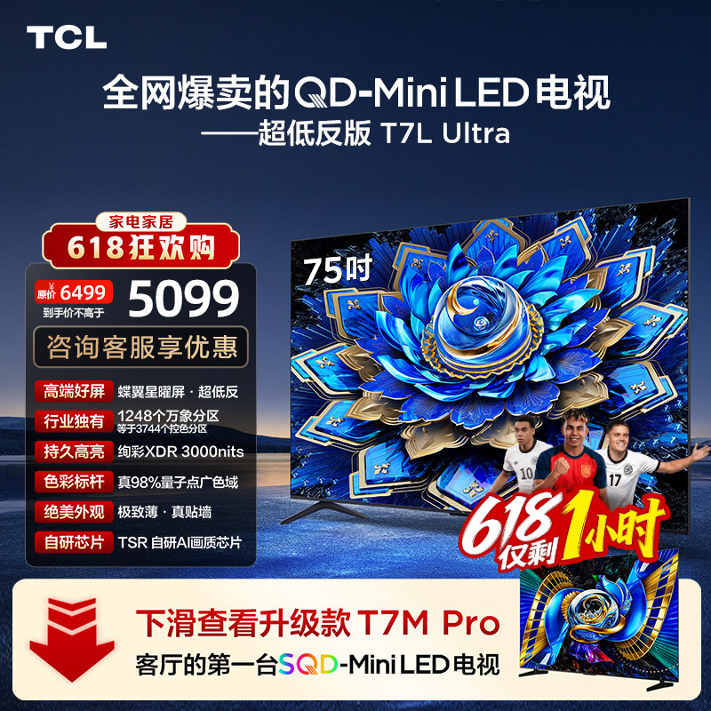 Tcl Tv 75T7L Ultra 75inch Qd-Miniled Ultra-Low Reflection Butterfly Wing Star Screen