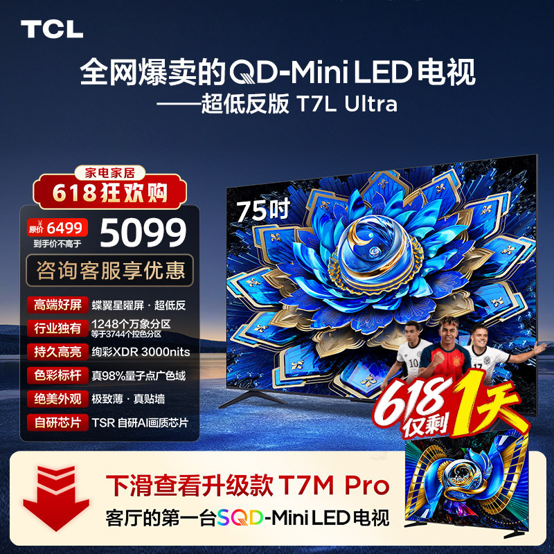 Tcl Tv 75T7L Ultra 75inch Qd-Miniled Ultra-Low Reflection Butterfly Wing Star Screen