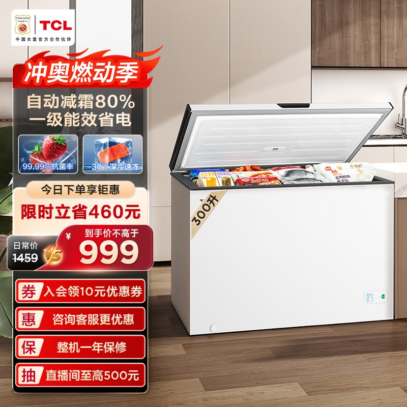 TCL 300L Low Frost Large Capacity Freezer Level 1 Energy Efficiency Energy Saving Ultra-Thin Commercial Freezer White Whale