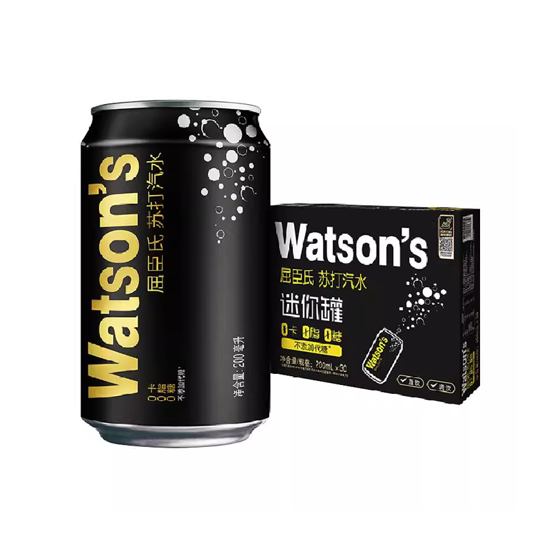 【下拉享补贴】屈臣氏原味苏打汽水碳酸饮料迷你罐整箱气泡水无糖