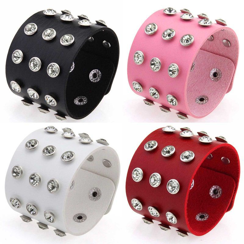 Simple and Shiny Punk Gothic Pu Leather Bracelet, Sweet and Cool Three-Row Imitation Diamond Studded Bracelet, Couple's Jewelry