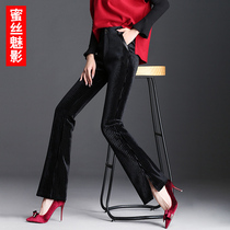 Golden velvet wide leg pants womens spring and autumn small Bell pants hanging feeling long pants black high waist micro Lamas pants