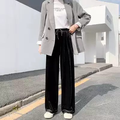 Golden velvet wide leg pants women's spring, autumn and winter, high waist, loose drag, long pants, straight tube, leisure sports tide