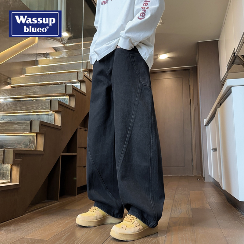 Wassup American Retro Black Jeans for Men, Spring and Autumn Trendy Loose Wide-Leg Scimitar Pants