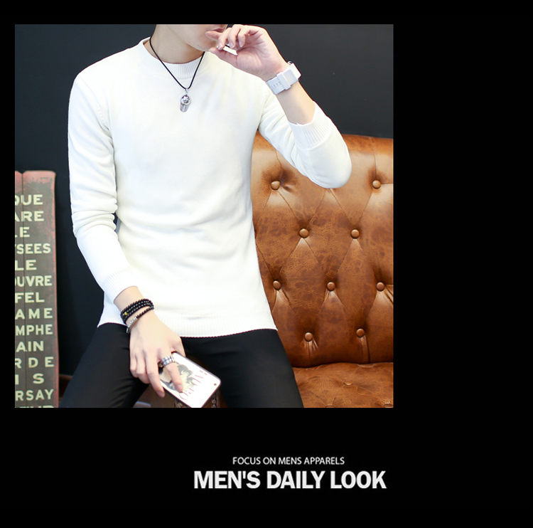 Mùa đông nam cổ tròn màu rắn thanh niên áo len nam trắng Hàn Quốc Slim đan Thicken cộng với nhung áo len đáy bộ nỉ nam